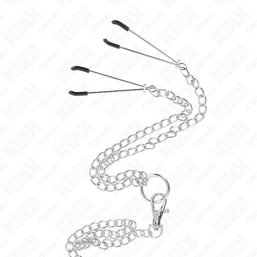 Anello pene in metallo cromato con catena e morsetti capezzoli modello 2
